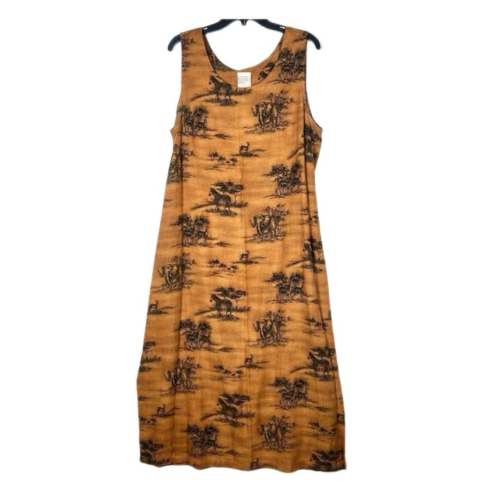 Safari Animal Print Sleeveless Midi Dress Brown Elephant Zebra Side Slit Size 18